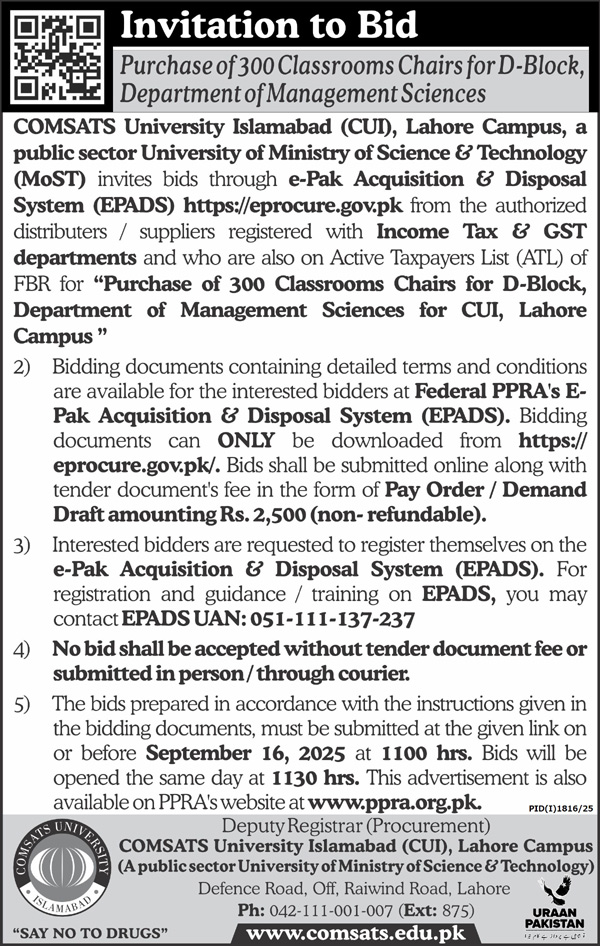 COMSATS Institute Islamabad Tender Notice